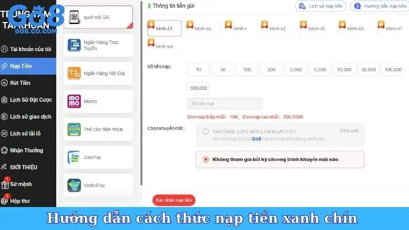 Hướng dẫn cách thức nạp tiền xanh chín