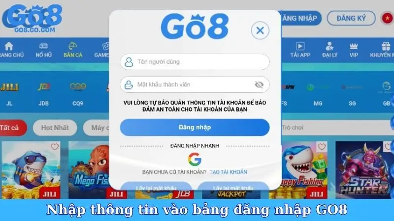 Nhập thông tin vào bảng đăng nhập GO8